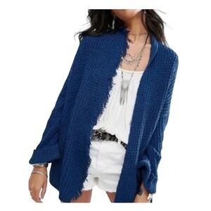 Free People I'll Be Around Cardigan Sweater Blue Silk Fringe Trim XS